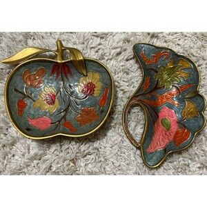 Two Vtg Cloisonné Enameled Brass Dish Trays Floral Decoration 5.5” Length